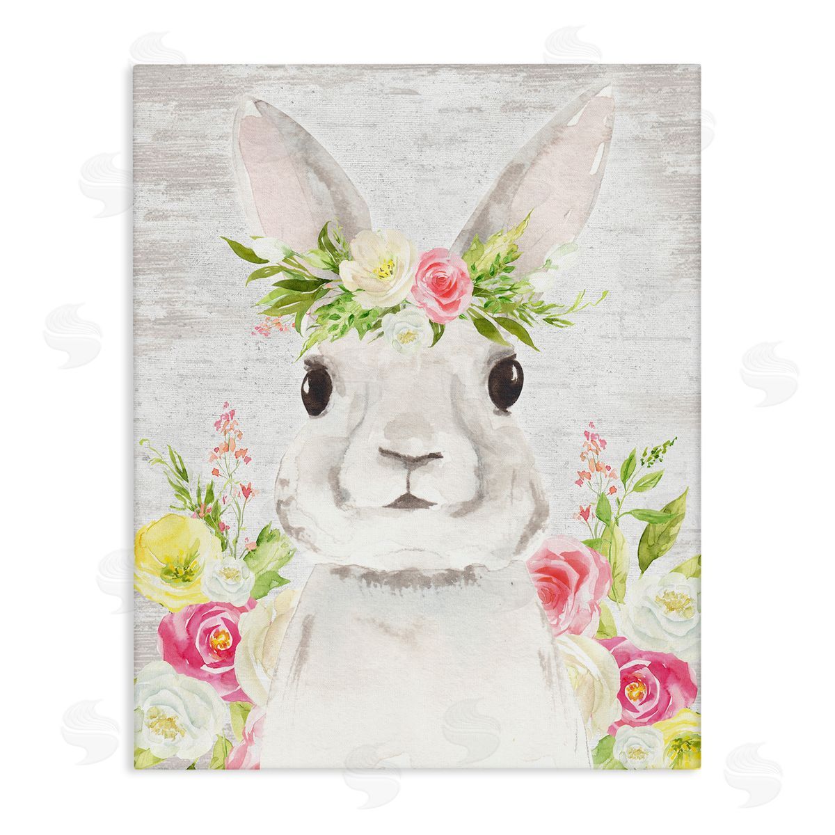 Lettered and Lined Rustic Easter Bunny Flower Crown Spring Bouquet Stretched Canvas Wall Art Print