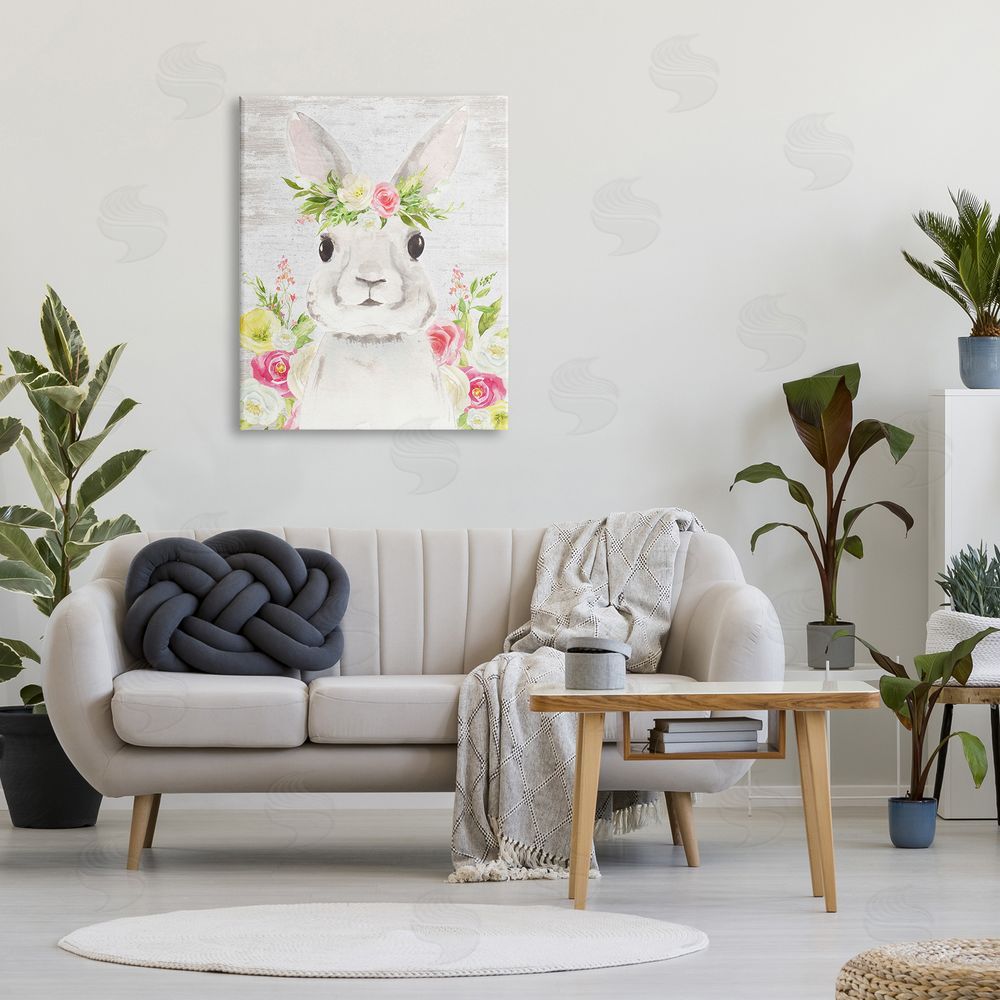 Lettered and Lined Rustic Easter Bunny Flower Crown Spring Bouquet Canvas Wall Art Print in Room