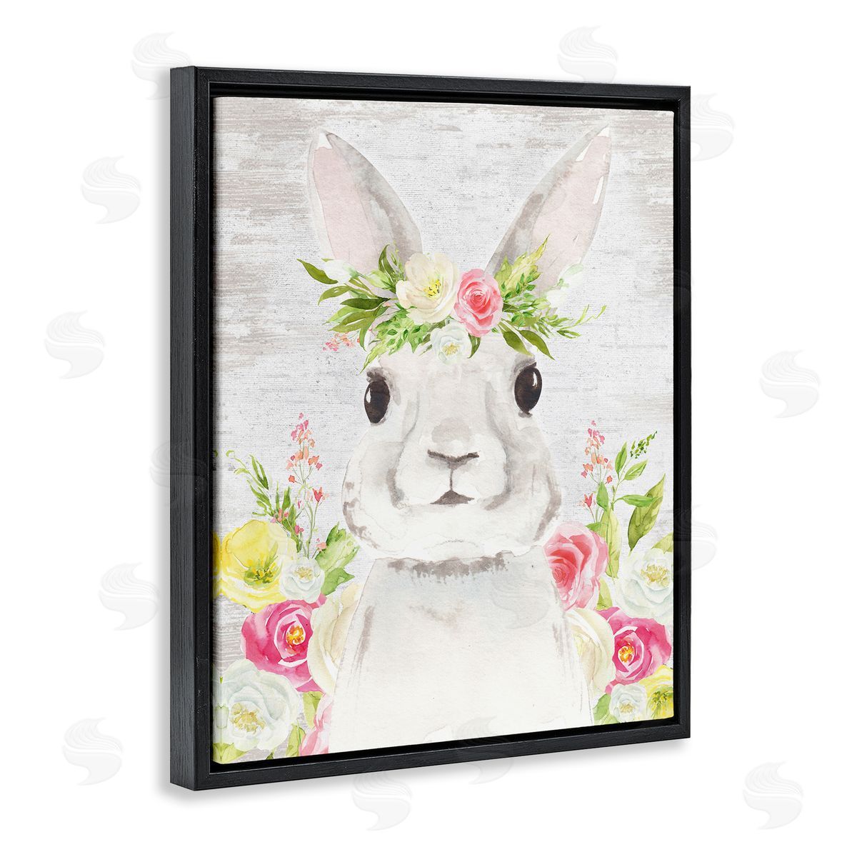 Lettered and Lined Rustic Easter Bunny Flower Crown Spring Bouquet Black Floating Frame Canvas Wall Art Print