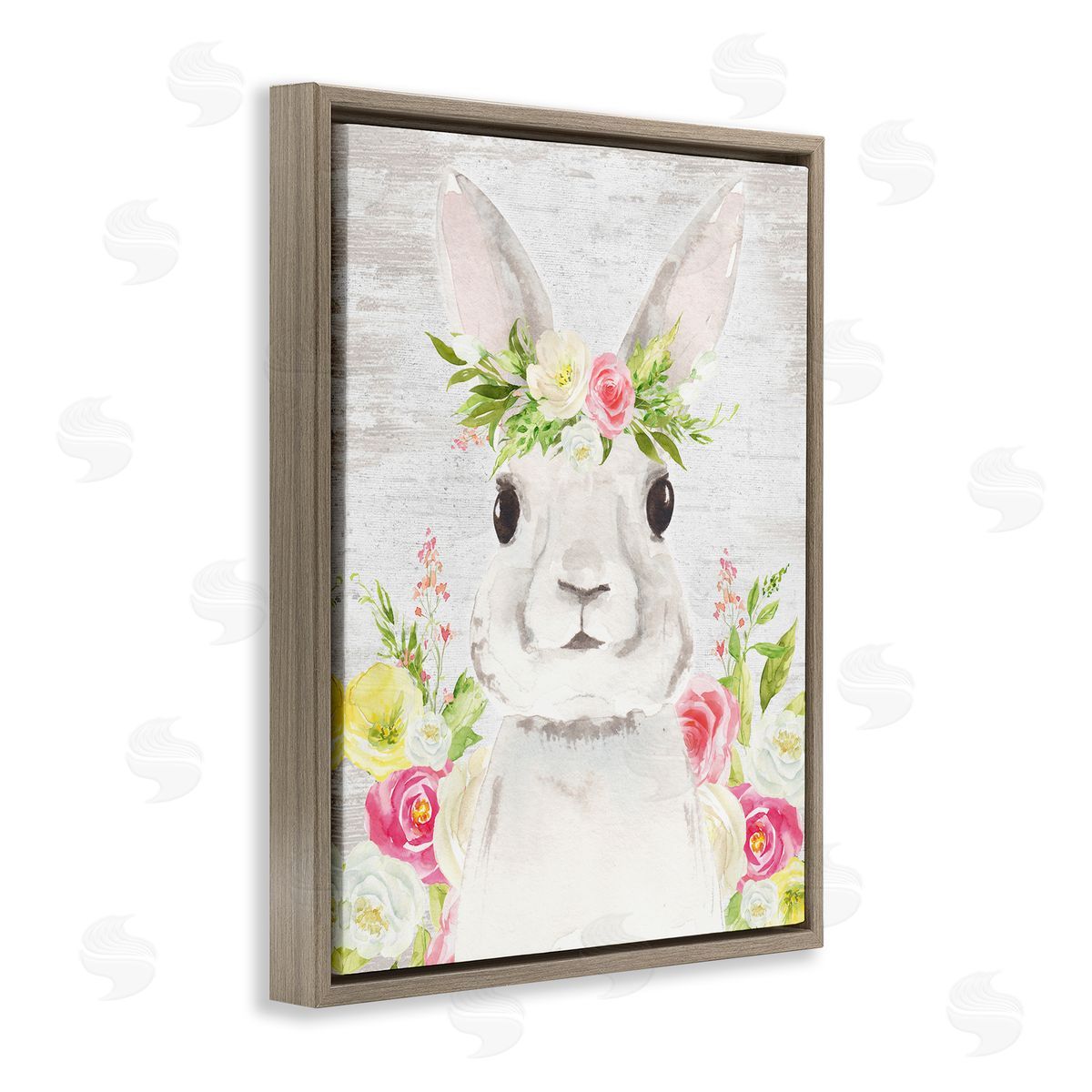 Lettered and Lined Rustic Easter Bunny Flower Crown Spring Bouquet Brown Floating Frame Canvas Wall Art Print