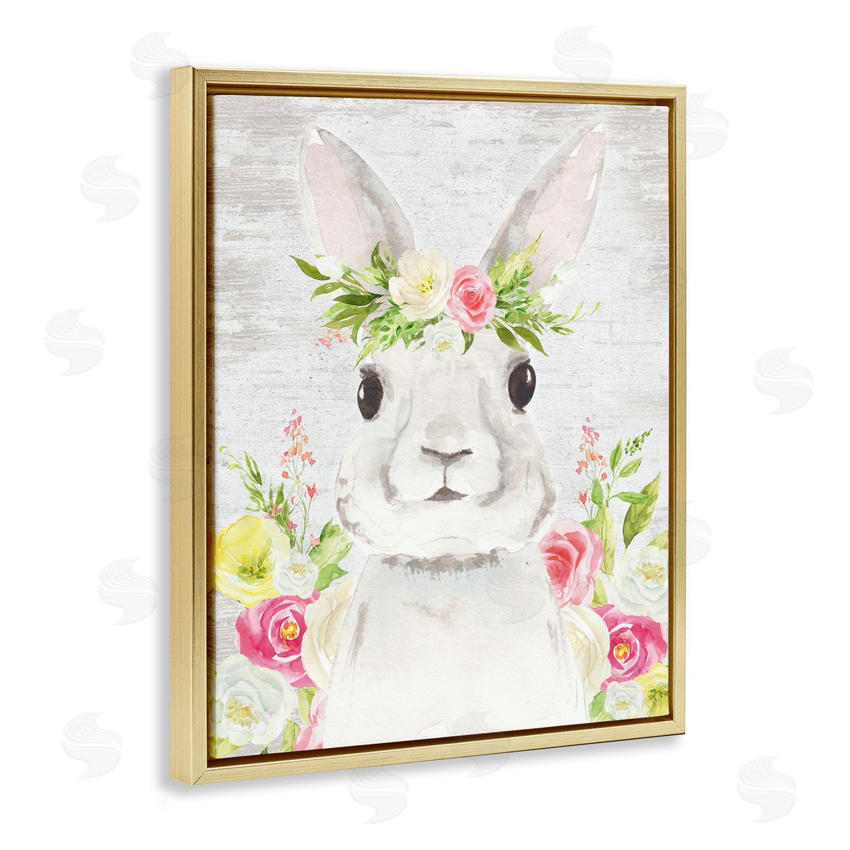 Lettered and Lined Rustic Easter Bunny Flower Crown Spring Bouquet Gold Floating Frame Canvas Wall Art Print