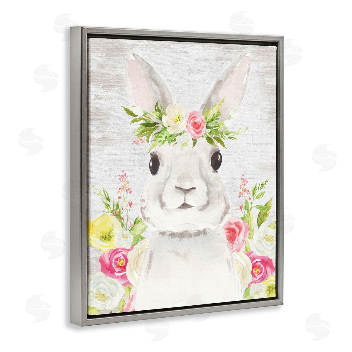 Lettered and Lined Rustic Easter Bunny Flower Crown Spring Bouquet Gray Floating Frame Canvas Wall Art Print