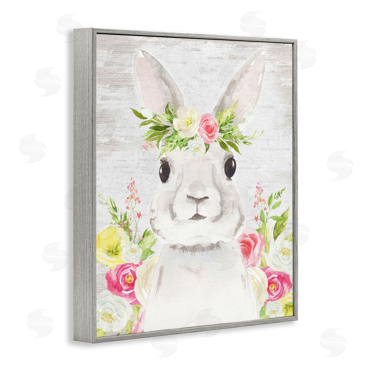 Lettered and Lined Rustic Easter Bunny Flower Crown Spring Bouquet Gray Framed Giclee Wall Art Print