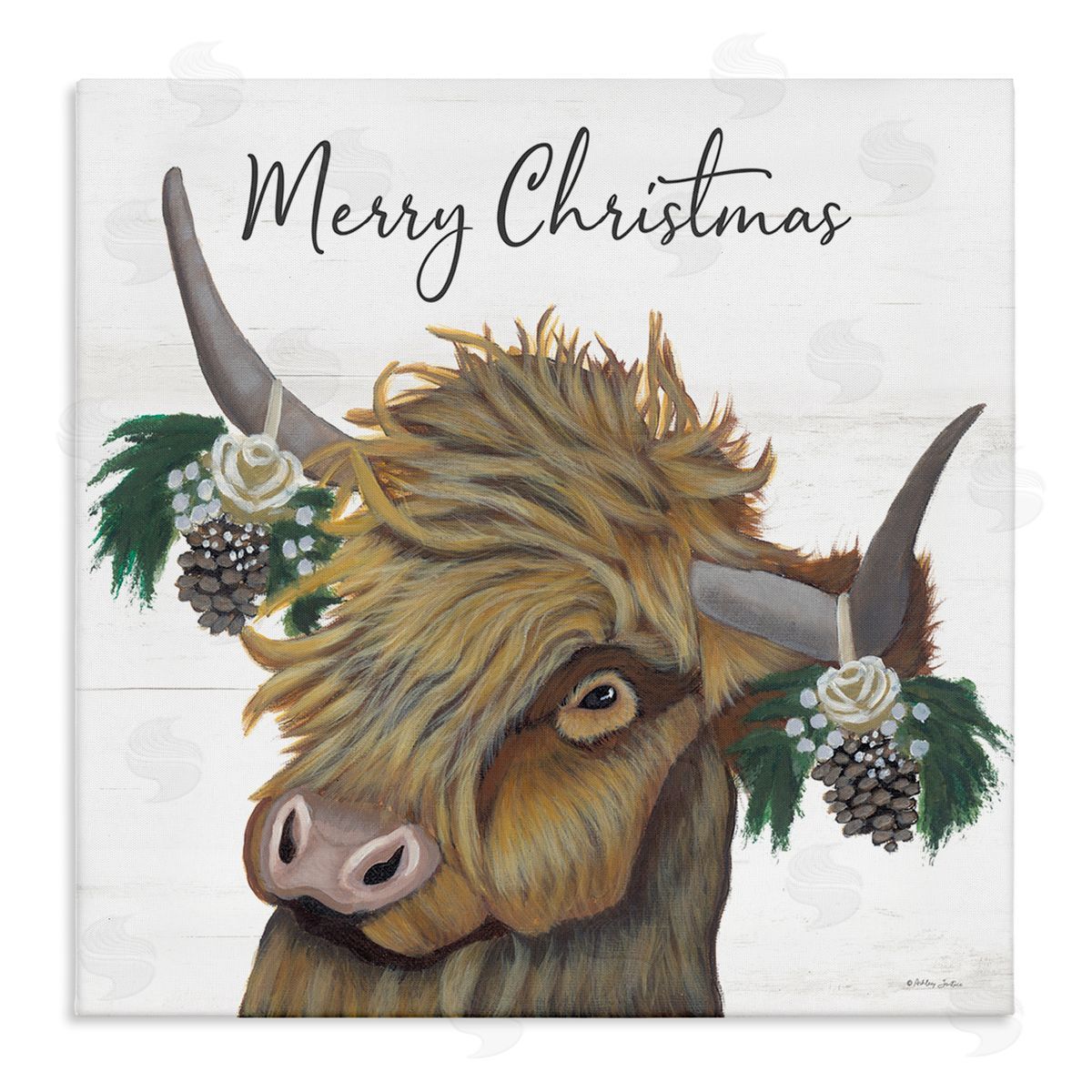Ashley Justice Merry Christmas Country Longhorn Cattle Cow Pinecones  Stretched Canvas Wall Art Print