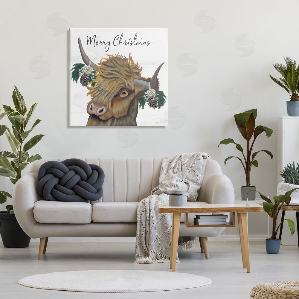 Ashley Justice Merry Christmas Country Longhorn Cattle Cow Pinecones  Canvas Wall Art in Room