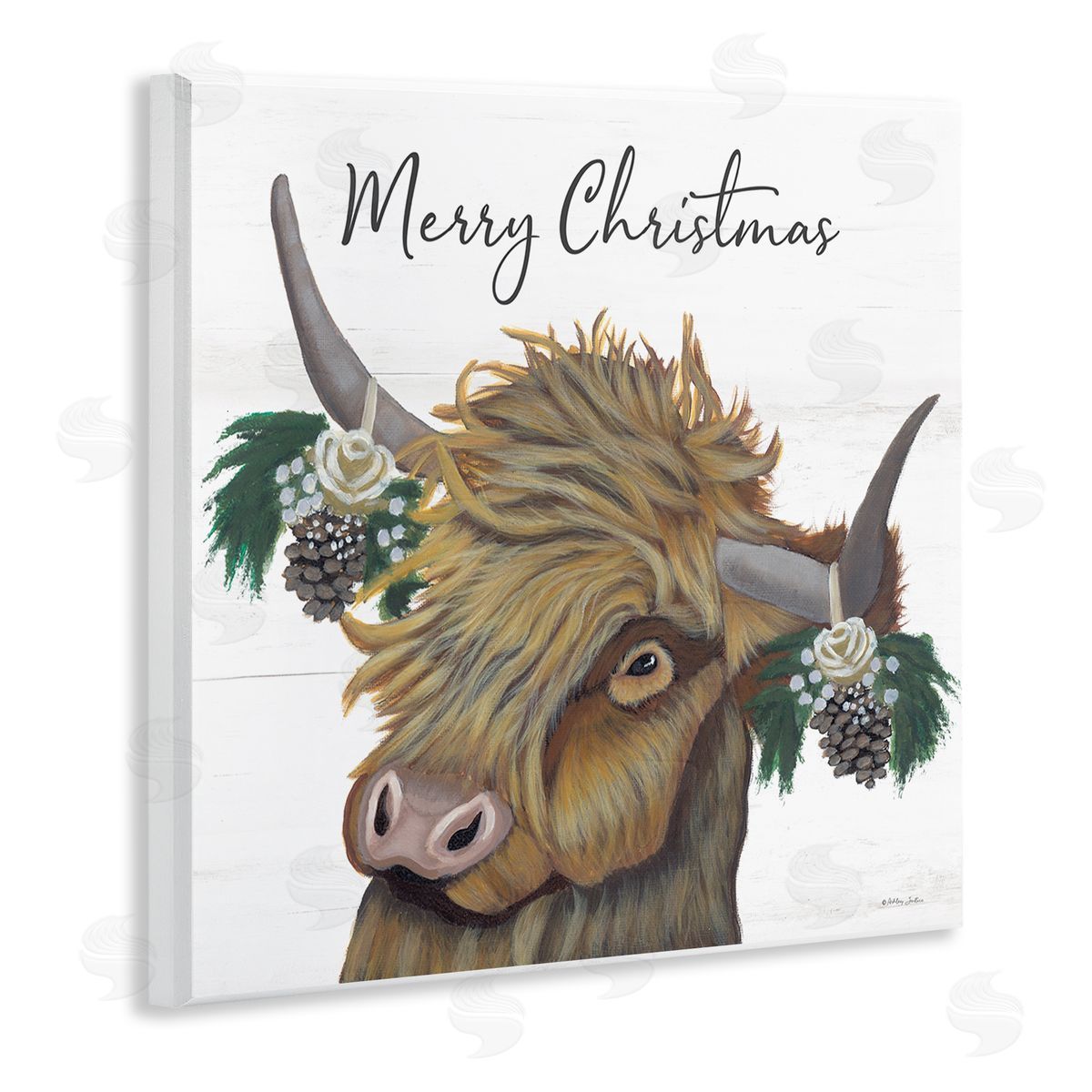 Ashley Justice Merry Christmas Country Longhorn Cattle Cow Pinecones  Wooden Wall Plaque Art Print