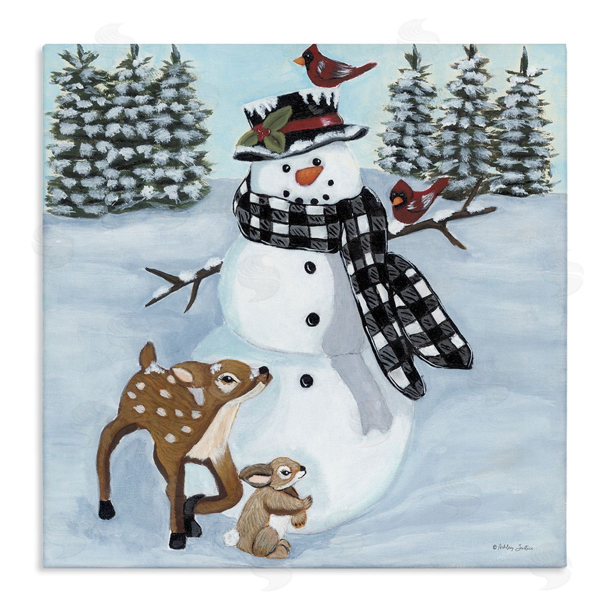 Ashley Justice Niveous Snowman Trees Scenery Winter Animals Frolicking  Stretched Canvas Wall Art Print