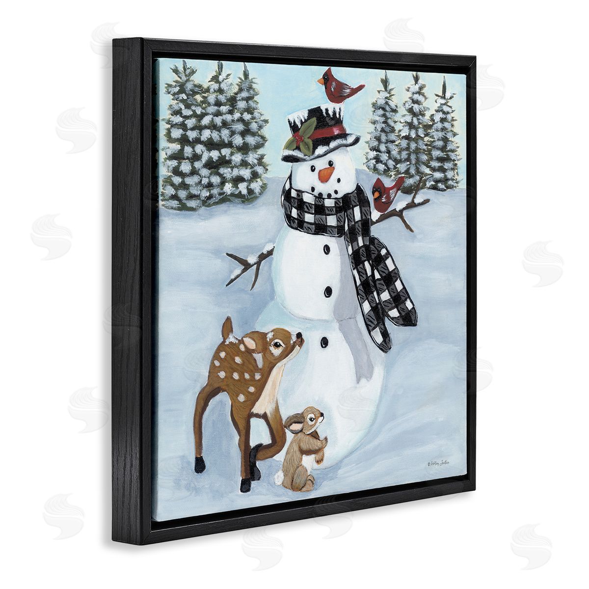 Ashley Justice Niveous Snowman Trees Scenery Winter Animals Frolicking  Black Floating Frame Canvas Wall Art Print
