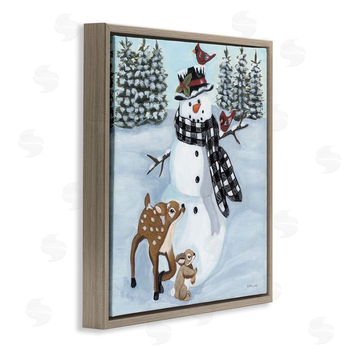 Ashley Justice Niveous Snowman Trees Scenery Winter Animals Frolicking  Brown Floating Frame Canvas Wall Art Print
