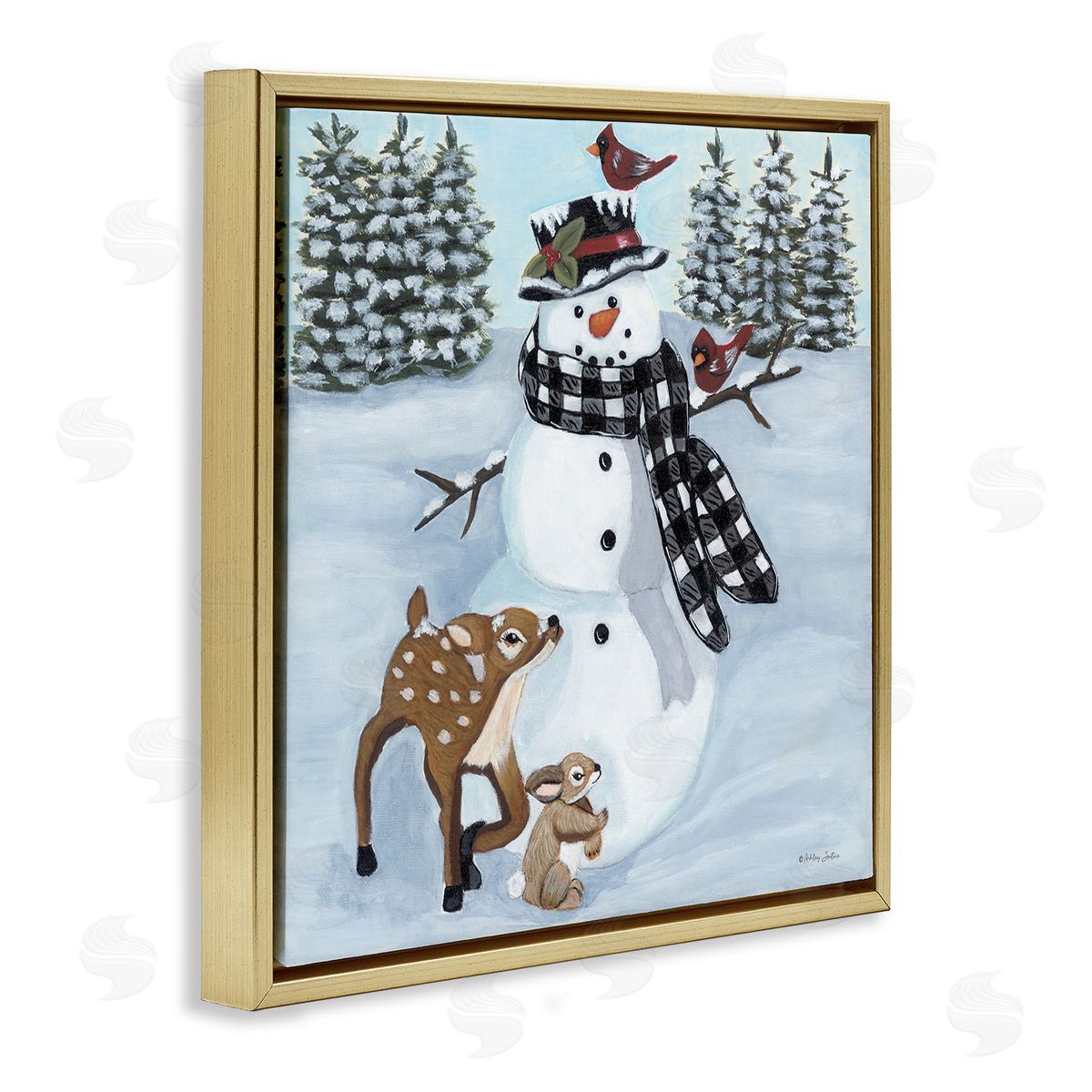 Ashley Justice Niveous Snowman Trees Scenery Winter Animals Frolicking  Gold Floating Frame Canvas Wall Art Print