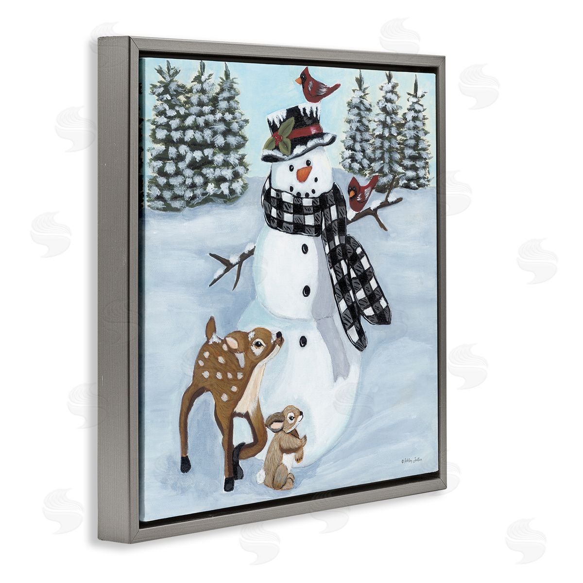 Ashley Justice Niveous Snowman Trees Scenery Winter Animals Frolicking  Gray Floating Frame Canvas Wall Art Print