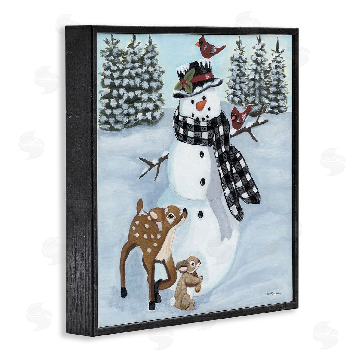 Ashley Justice Niveous Snowman Trees Scenery Winter Animals Frolicking  Black Framed Glicee Wall Art Print