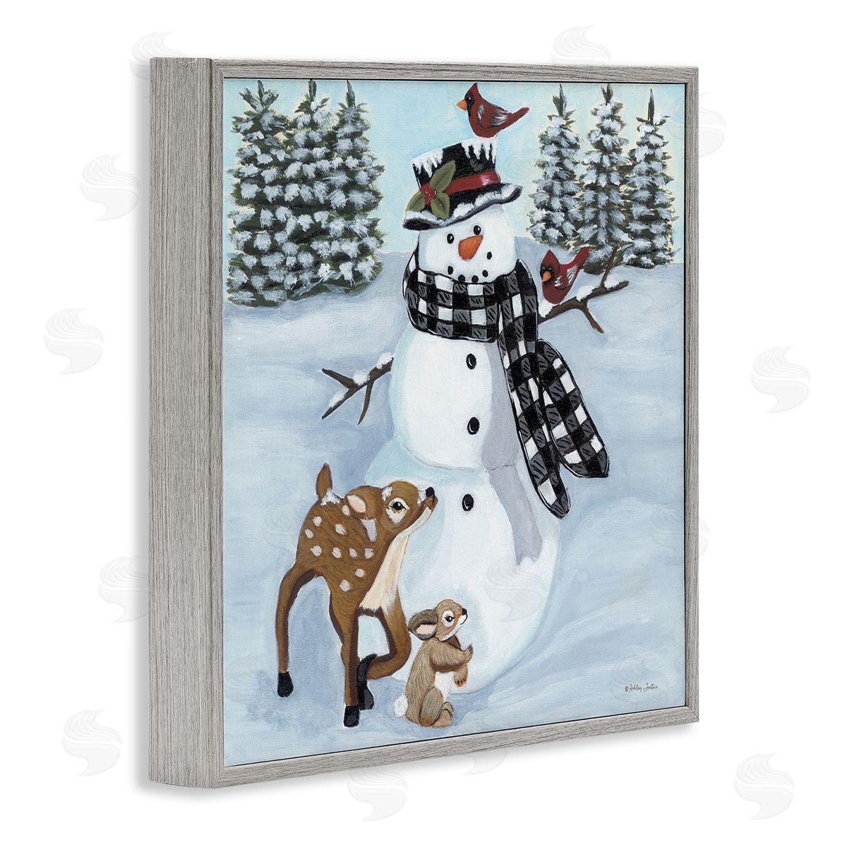 Ashley Justice Niveous Snowman Trees Scenery Winter Animals Frolicking  Gray Framed Glicee Wall Art Print