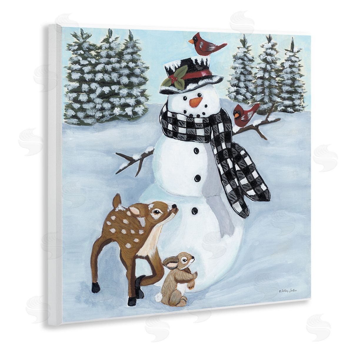 Ashley Justice Niveous Snowman Trees Scenery Winter Animals Frolicking  Wooden Wall Plaque Art Print