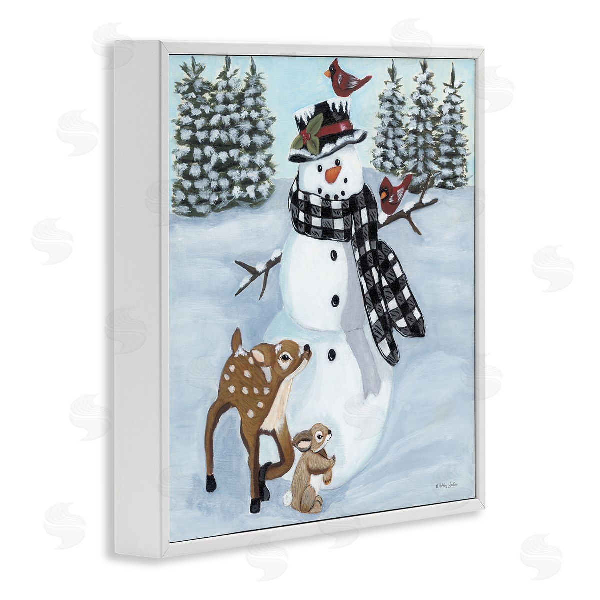 Ashley Justice Niveous Snowman Trees Scenery Winter Animals Frolicking  White Framed Glicee Wall Art Print