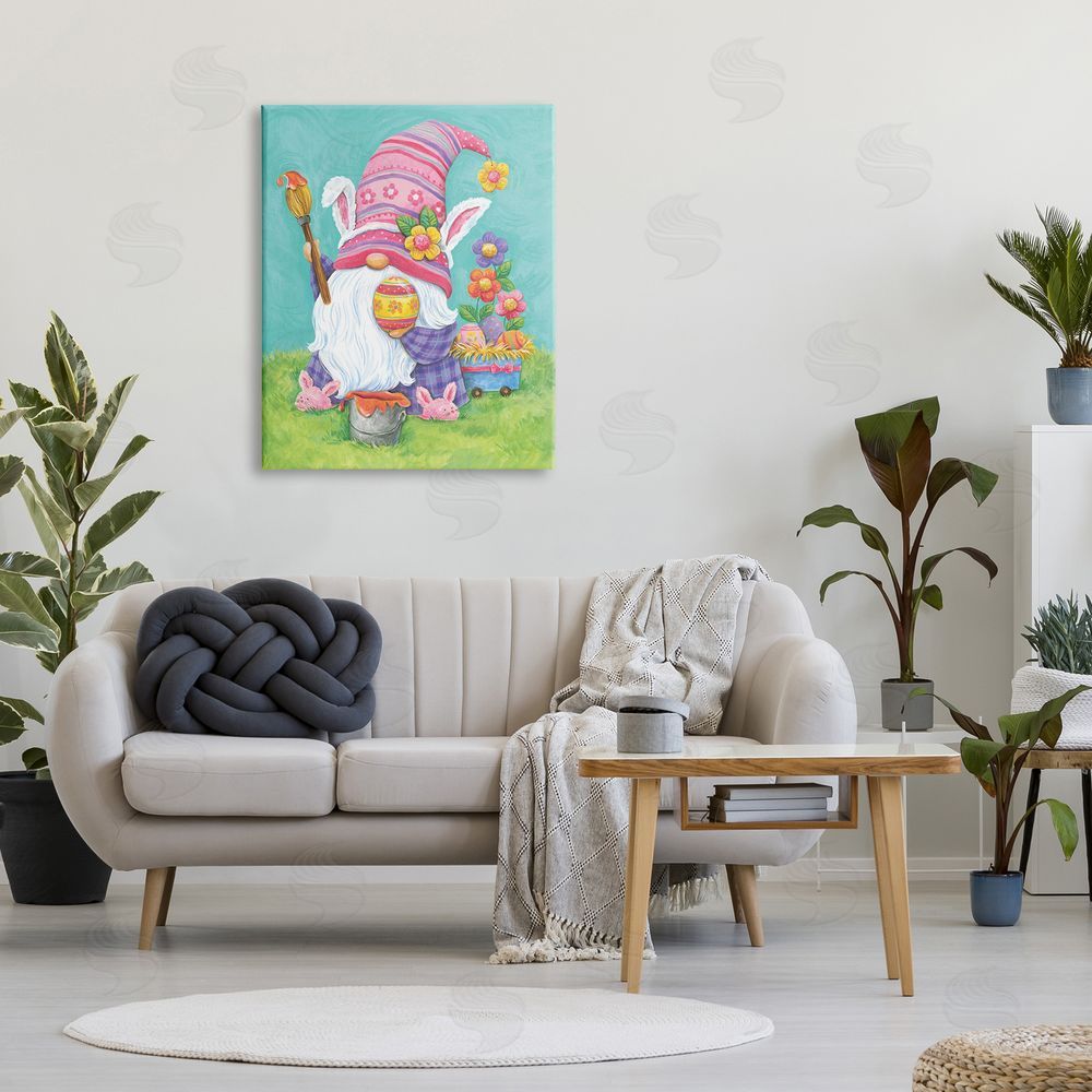 Diane Kater Whimsical Gnome Painting Easter Eggs Festive Flowers Canvas Wall Art Print in Room