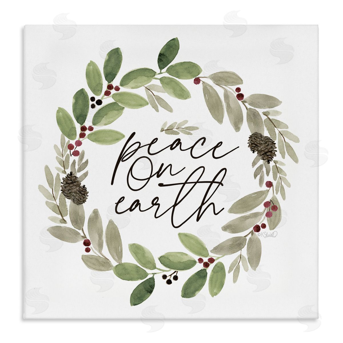 Kate Sherrill Peace On Earth Calligraphy Seasonal Watercolor Wreath Stretched Canvas Wall Art Print