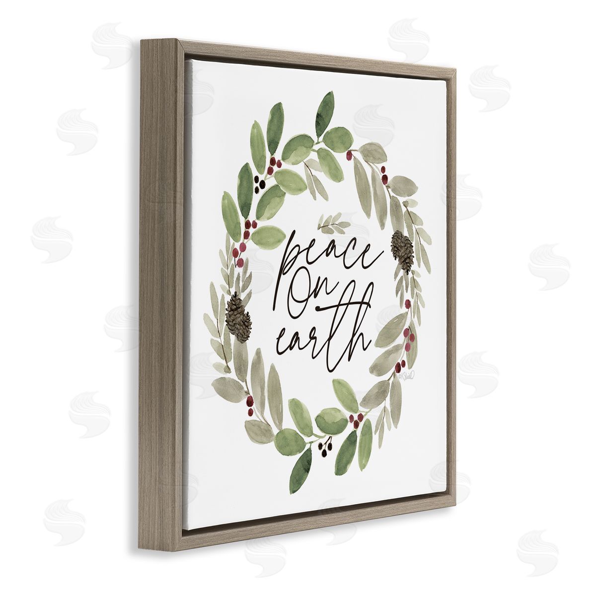 Kate Sherrill Peace On Earth Calligraphy Seasonal Watercolor Wreath Brown Floating Frame Canvas Wall Art Print