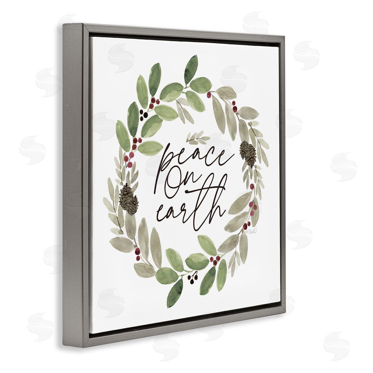 Kate Sherrill Peace On Earth Calligraphy Seasonal Watercolor Wreath Gray Floating Frame Canvas Wall Art Print