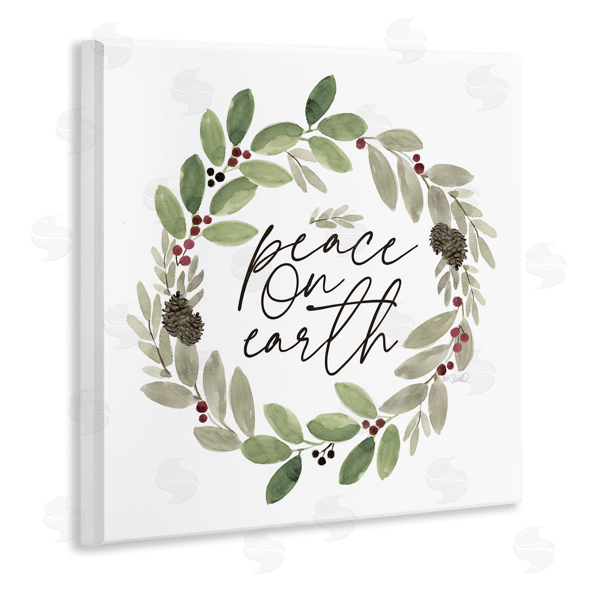 Kate Sherrill Peace On Earth Calligraphy Seasonal Watercolor Wreath Wooden Wall Plaque Art Print