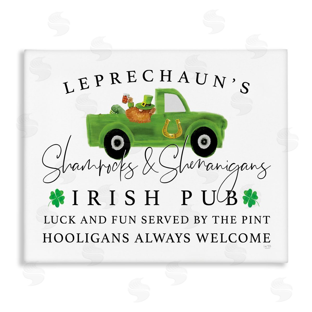 Lux + Mes Irish Pub Whimsical Leprechaun Green Shamrock Details Stretched Canvas Wall Art Print