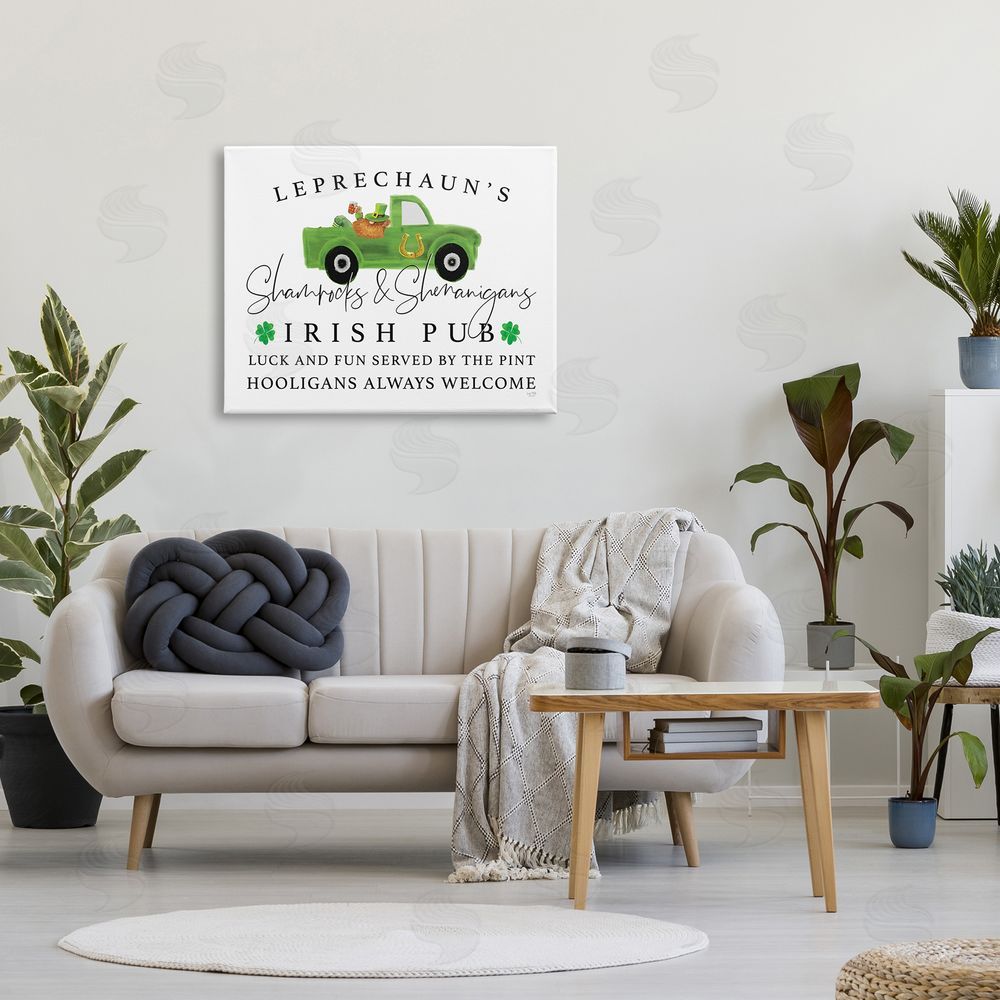 Lux + Mes Irish Pub Whimsical Leprechaun Green Shamrock Details Canvas Wall Art Print in Room