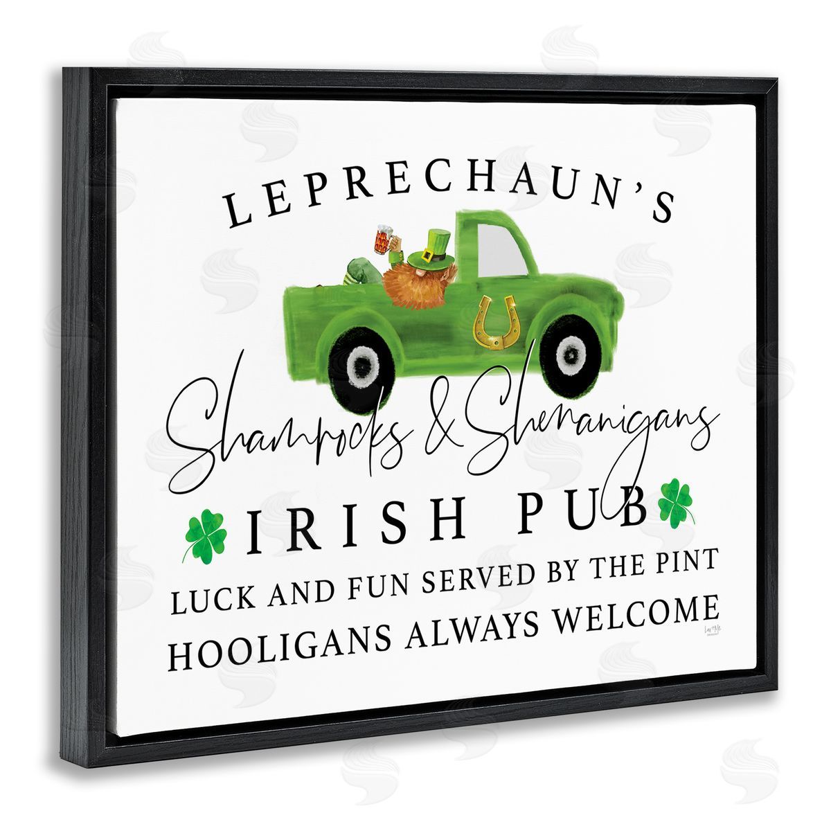 Lux + Mes Irish Pub Whimsical Leprechaun Green Shamrock Details Black Floating Frame Canvas Wall Art Print