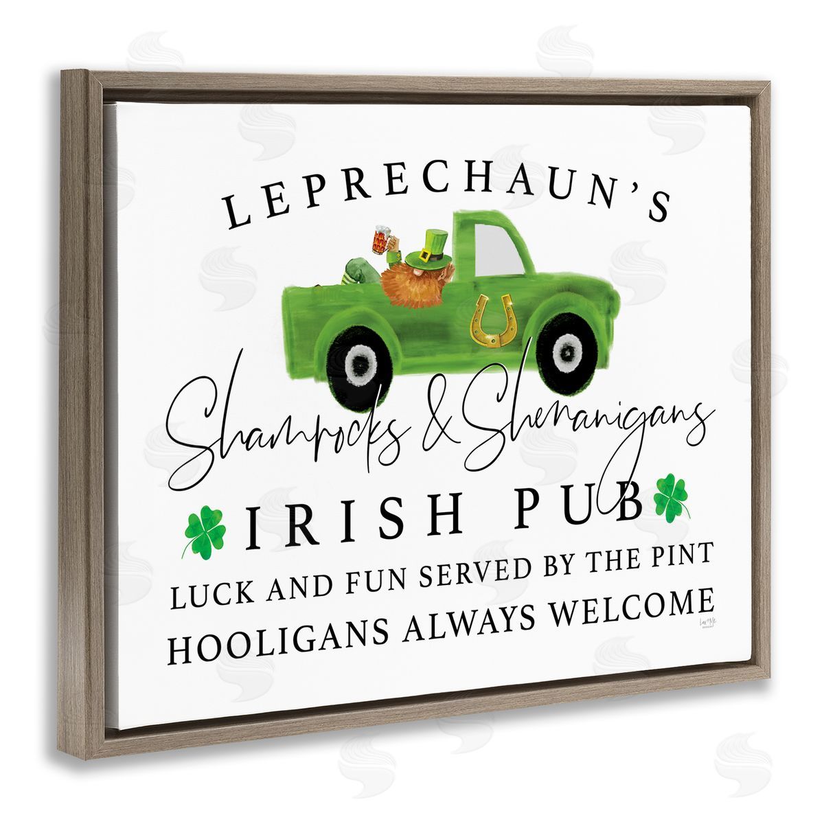Lux + Mes Irish Pub Whimsical Leprechaun Green Shamrock Details Brown Floating Frame Canvas Wall Art Print