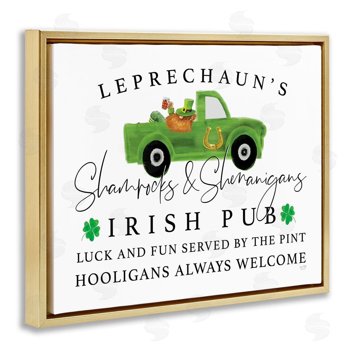 Lux + Mes Irish Pub Whimsical Leprechaun Green Shamrock Details Gold Floating Frame Canvas Wall Art Print