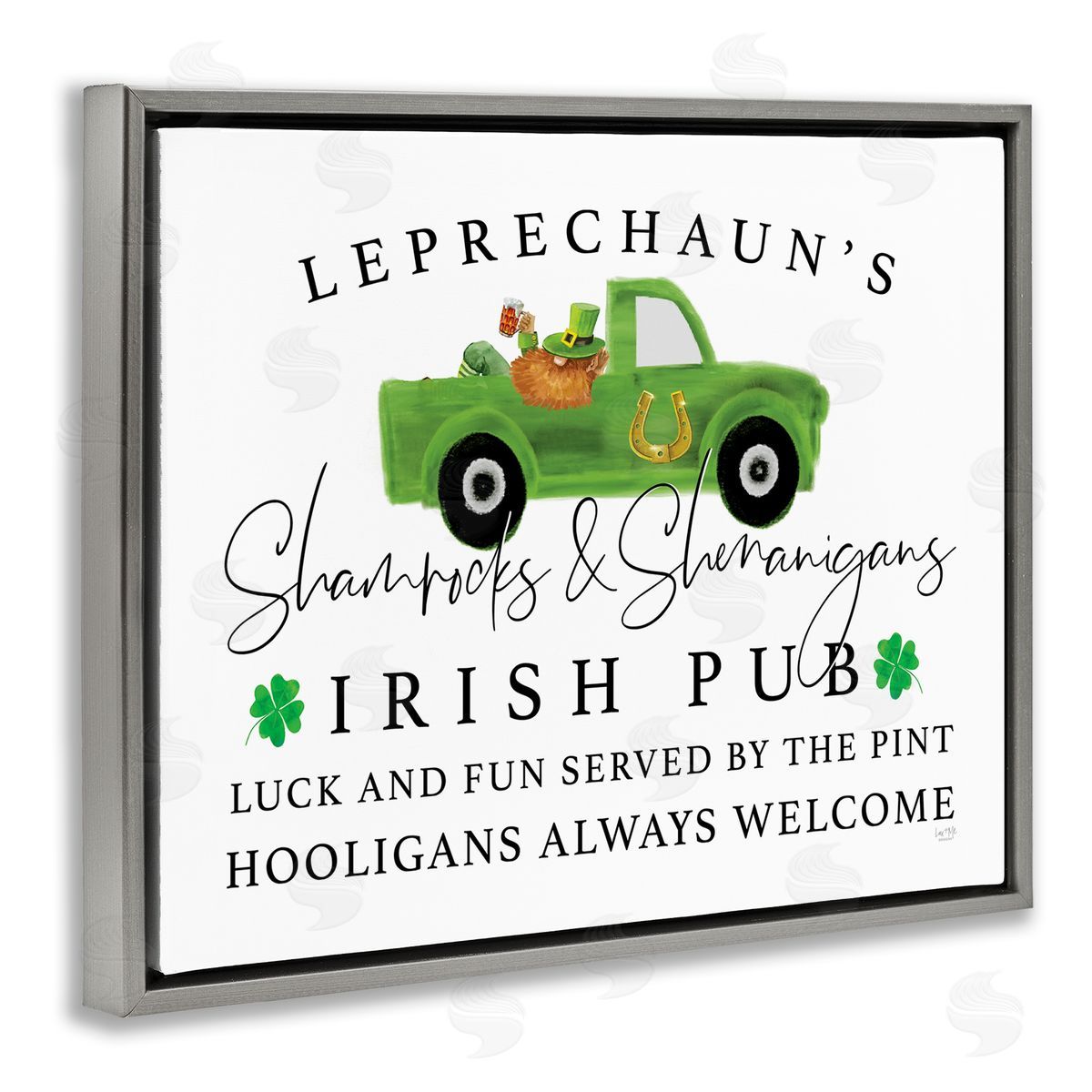 Lux + Mes Irish Pub Whimsical Leprechaun Green Shamrock Details Gray Floating Frame Canvas Wall Art Print