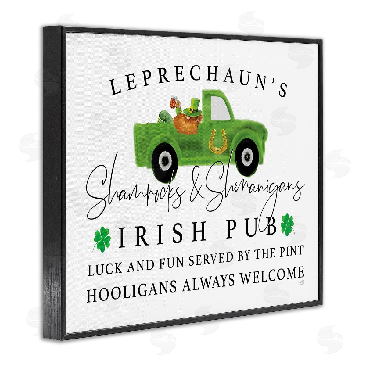Lux + Mes Irish Pub Whimsical Leprechaun Green Shamrock Details Black Framed Giclee Wall Art Print