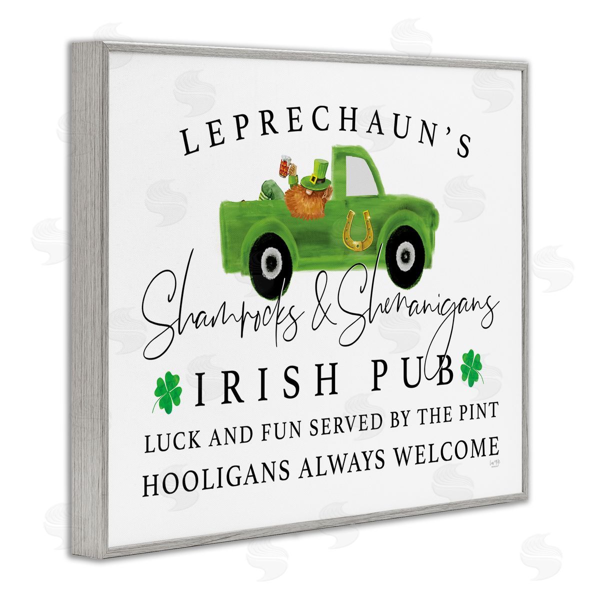 Lux + Mes Irish Pub Whimsical Leprechaun Green Shamrock Details Gray Framed Giclee Wall Art Print