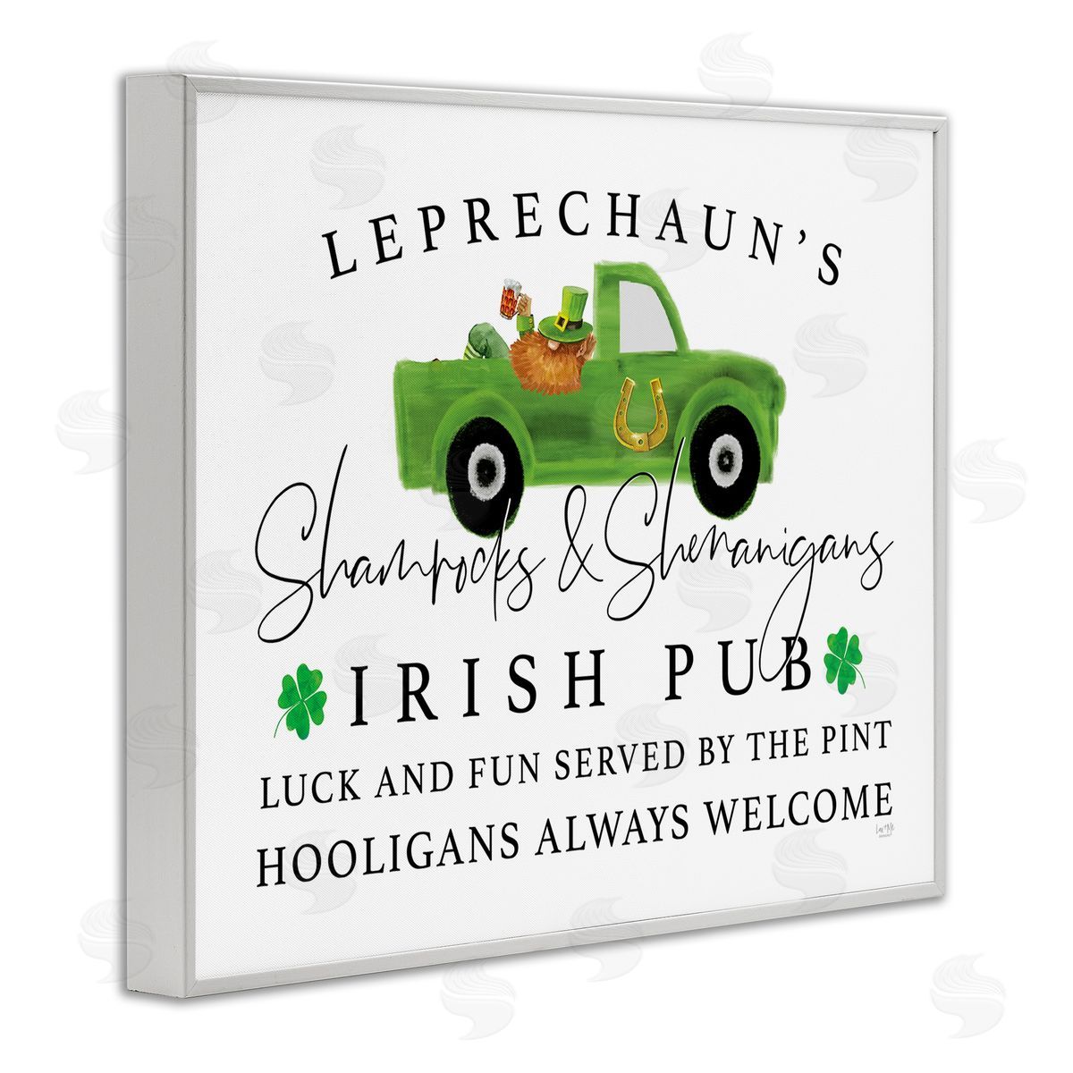Lux + Mes Irish Pub Whimsical Leprechaun Green Shamrock Details White Framed Giclee Wall Art Print