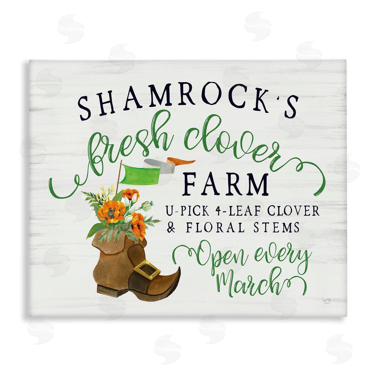 Lux + Mes Shamrock Clover Farm Typography Sign Grainy Pattern Stretched Canvas Wall Art Print