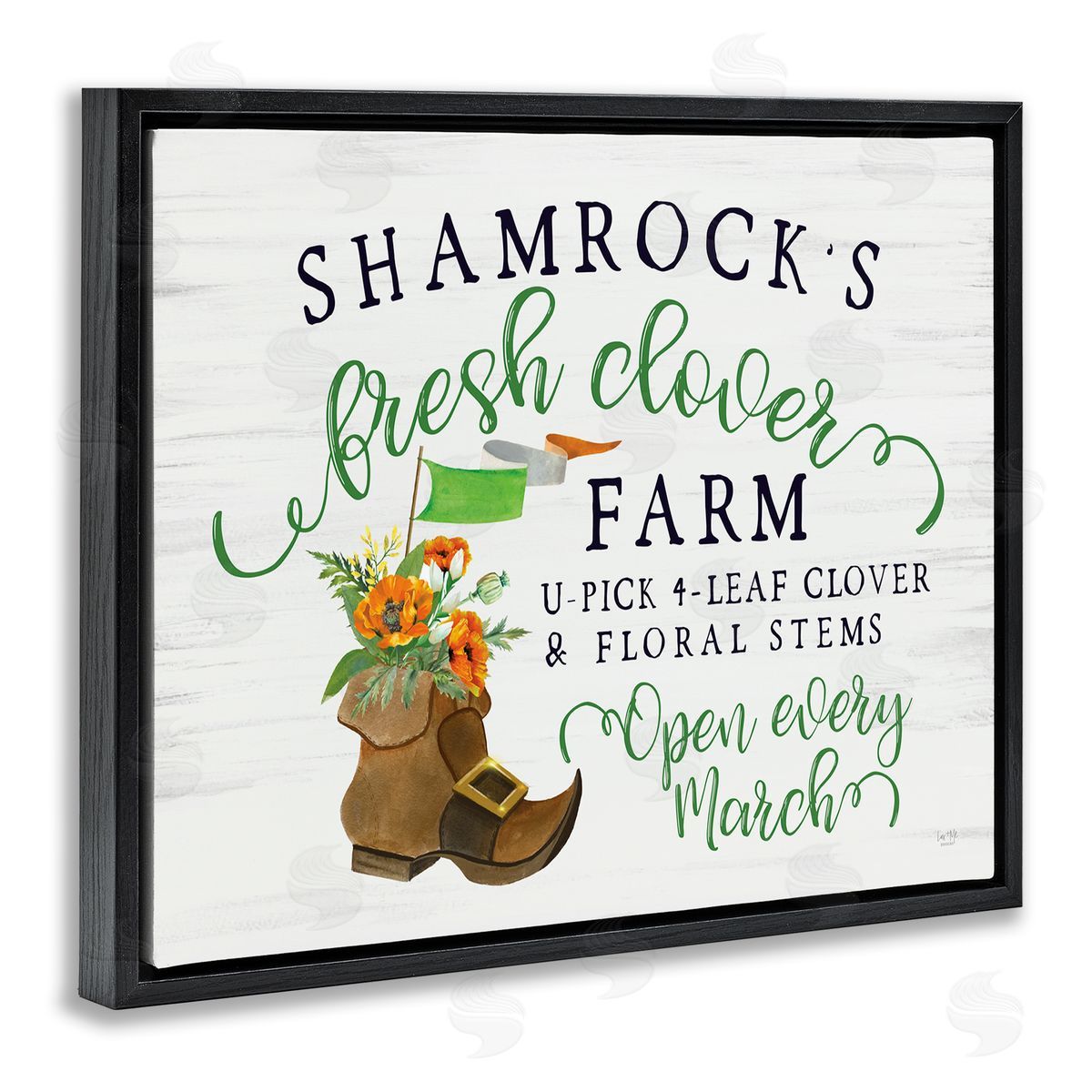 Lux + Mes Shamrock Clover Farm Typography Sign Grainy Pattern Black Floating Frame Canvas Wall Art Print