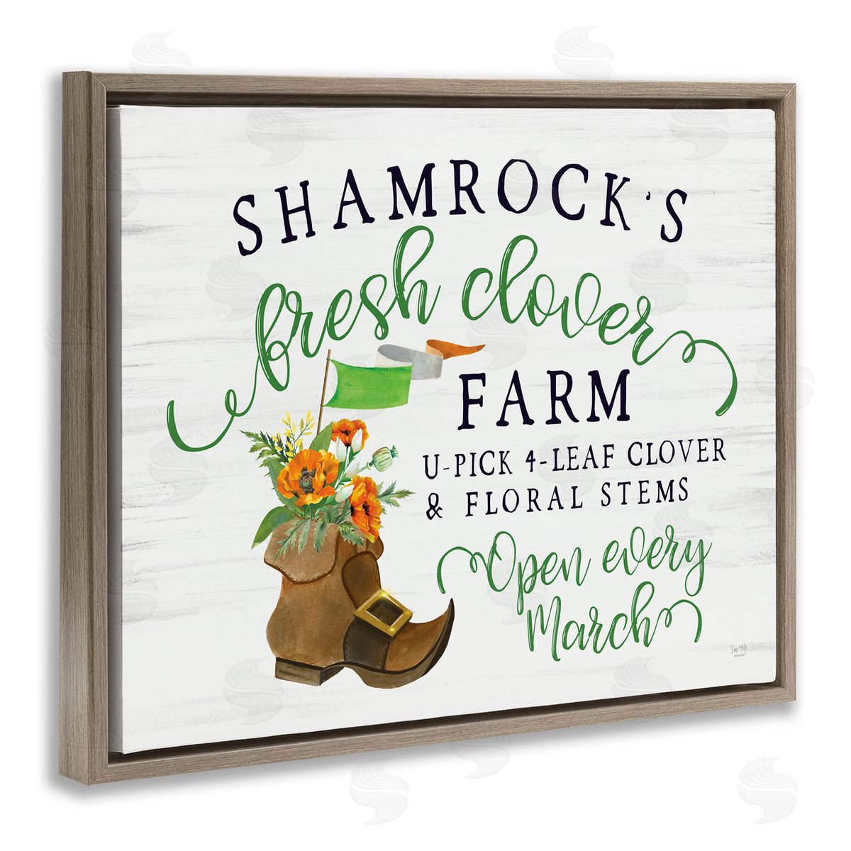 Lux + Mes Shamrock Clover Farm Typography Sign Grainy Pattern Brown Floating Frame Canvas Wall Art Print