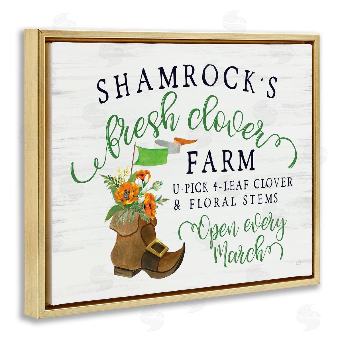 Lux + Mes Shamrock Clover Farm Typography Sign Grainy Pattern Gold Floating Frame Canvas Wall Art Print