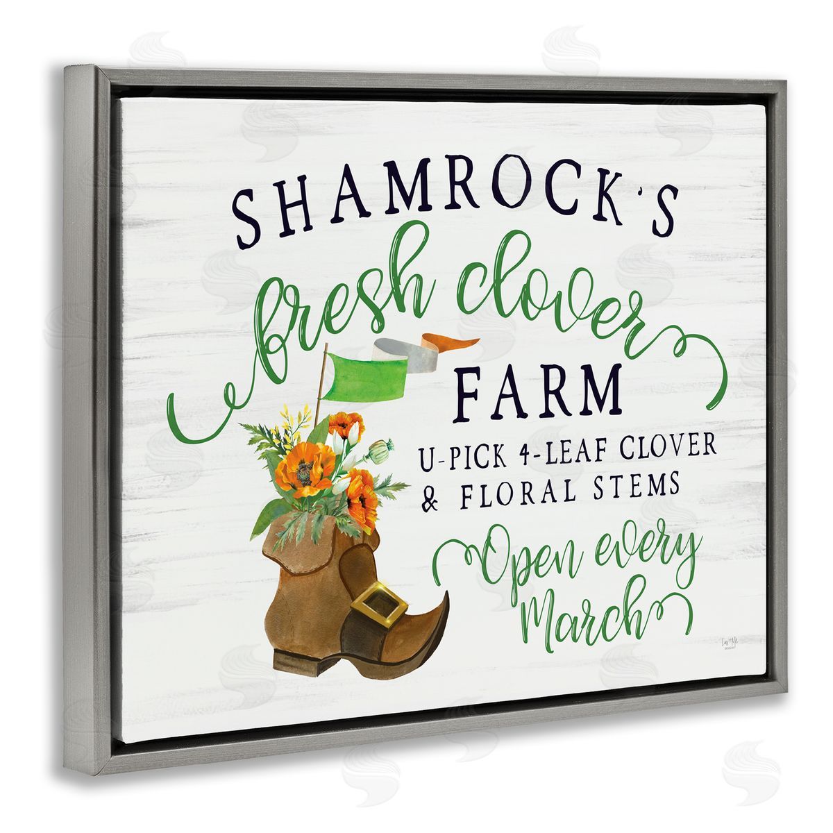 Lux + Mes Shamrock Clover Farm Typography Sign Grainy Pattern Gray Floating Frame Canvas Wall Art Print