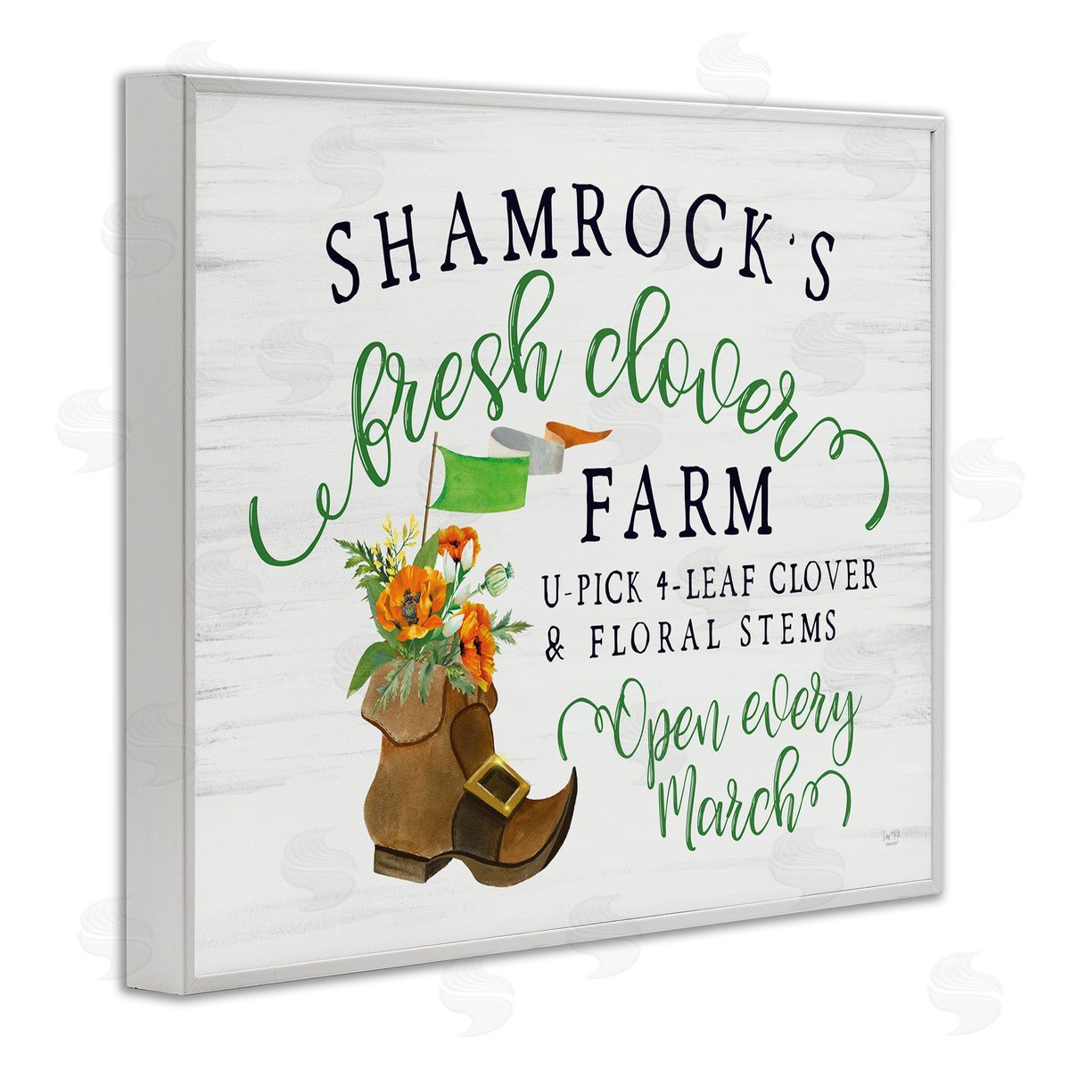 Lux + Mes Shamrock Clover Farm Typography Sign Grainy Pattern White Framed Giclee Wall Art Print