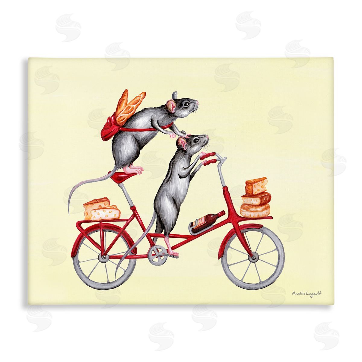Amelie Legault Mice On Bicycle Carrying Picnic Lunch Bread Cheese  Stretched Canvas Wall Art Print