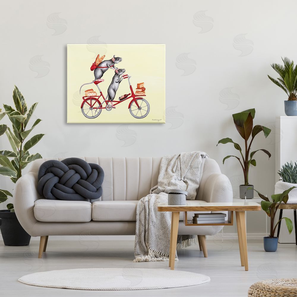 Amelie Legault Mice On Bicycle Carrying Picnic Lunch Bread Cheese  Canvas Wall Art Print in Room
