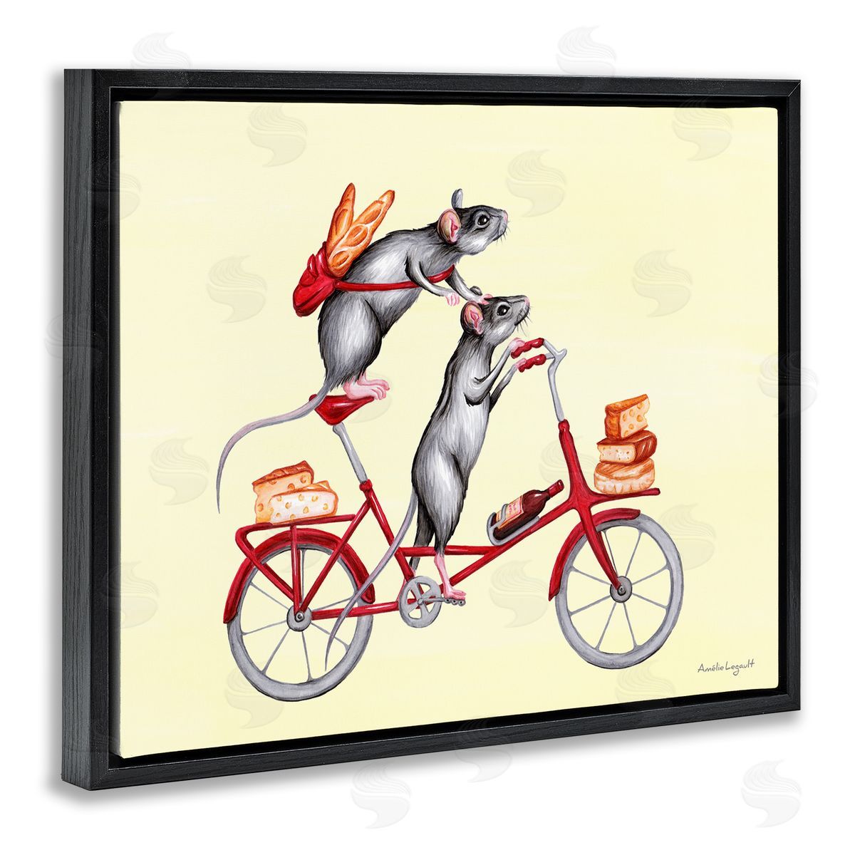 Amelie Legault Mice On Bicycle Carrying Picnic Lunch Bread Cheese  Black Floating Frame Canvas Wall Art Print