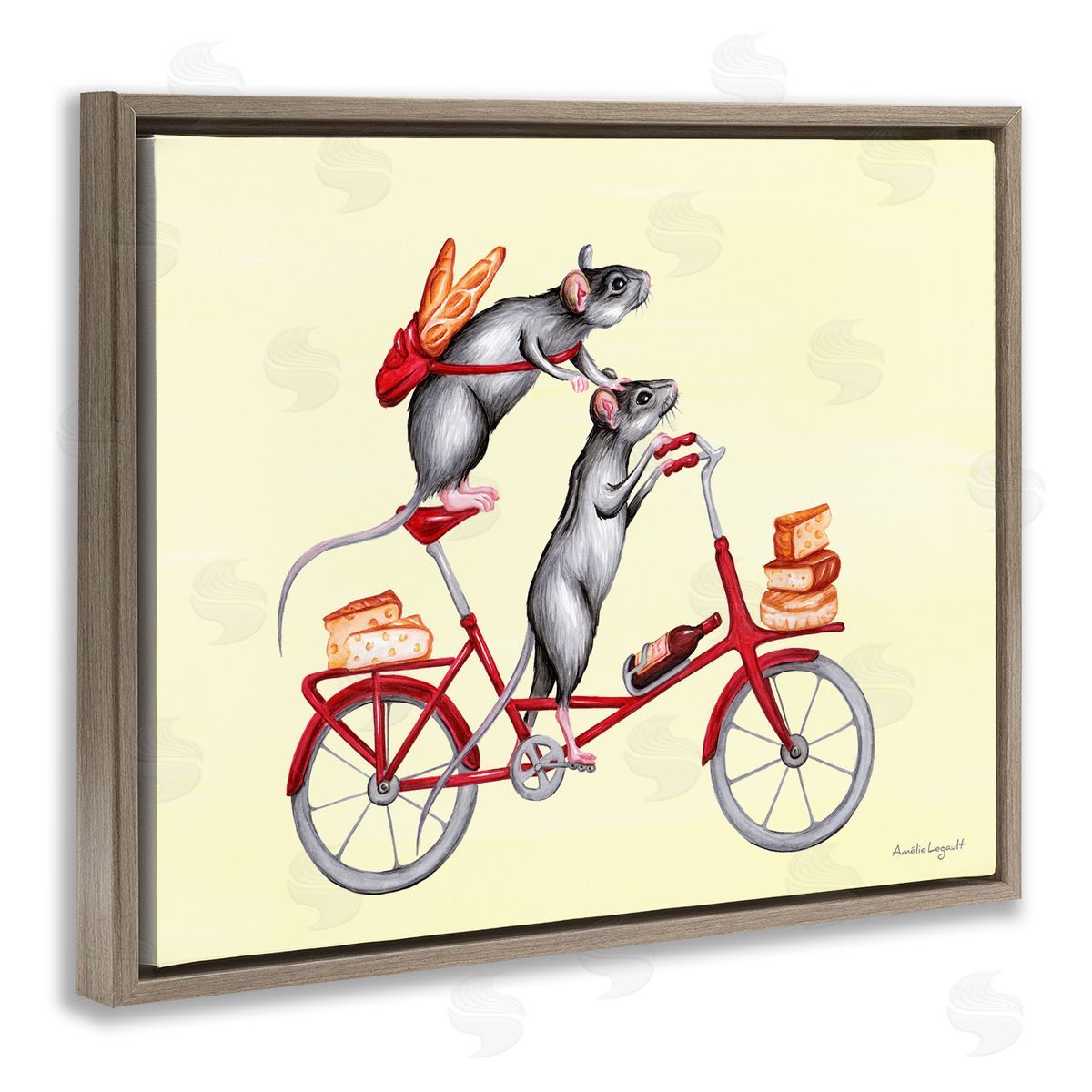 Amelie Legault Mice On Bicycle Carrying Picnic Lunch Bread Cheese  Brown Floating Frame Canvas Wall Art Print