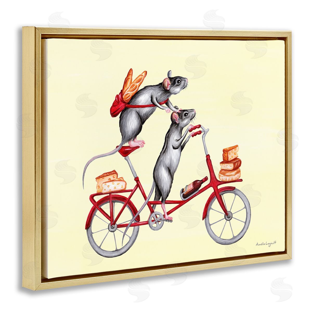 Amelie Legault Mice On Bicycle Carrying Picnic Lunch Bread Cheese  Gold Floating Frame Canvas Wall Art Print