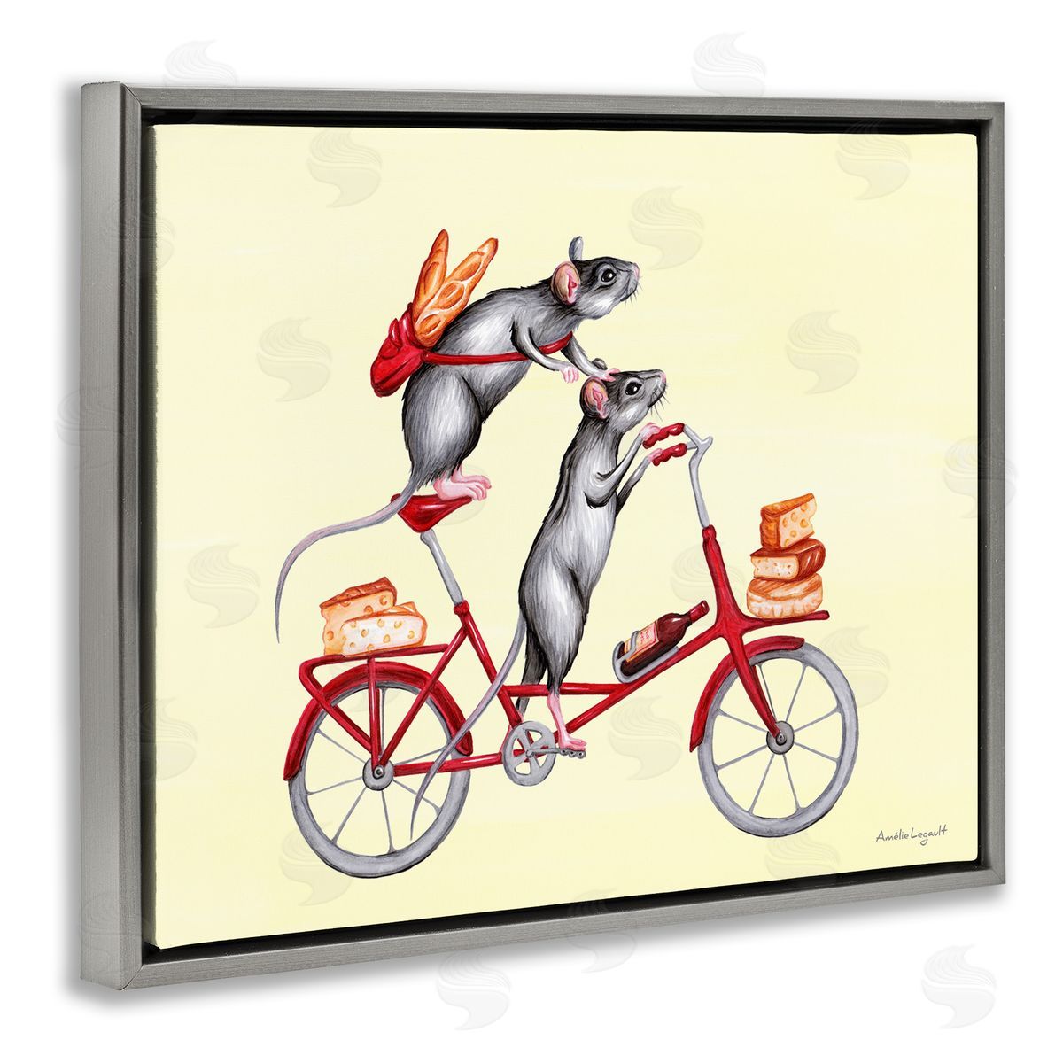 Amelie Legault Mice On Bicycle Carrying Picnic Lunch Bread Cheese  Gray Floating Frame Canvas Wall Art Print