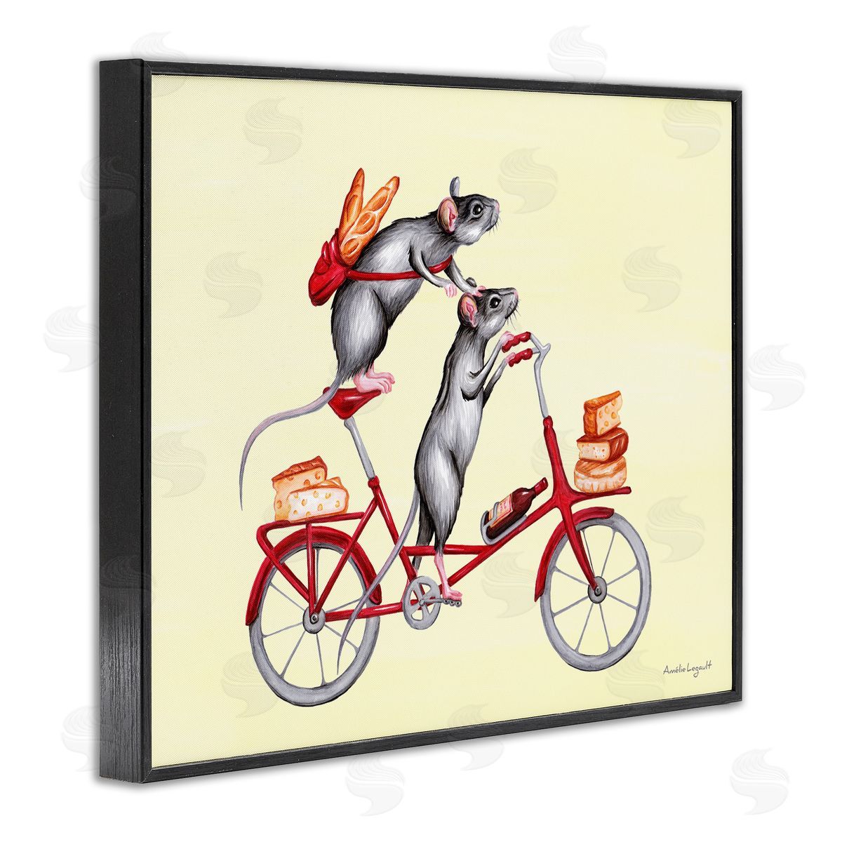 Amelie Legault Mice On Bicycle Carrying Picnic Lunch Bread Cheese  Black Framed Giclee Wall Art Print
