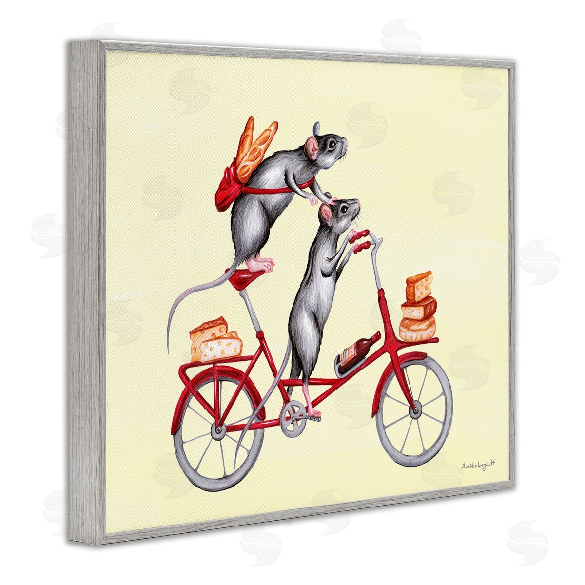 Amelie Legault Mice On Bicycle Carrying Picnic Lunch Bread Cheese  Gray Framed Giclee Wall Art Print
