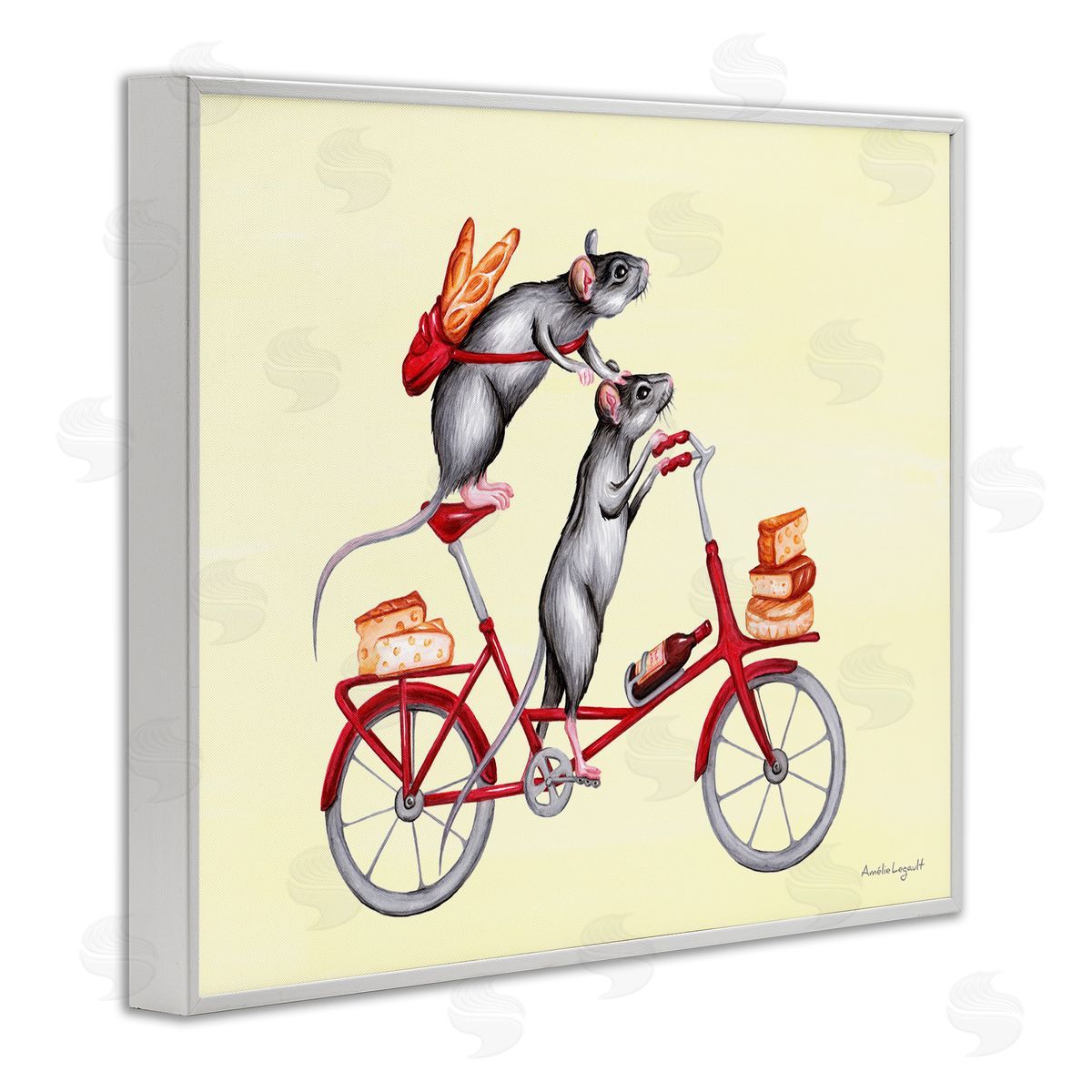 Amelie Legault Mice On Bicycle Carrying Picnic Lunch Bread Cheese  White Framed Giclee Wall Art Print