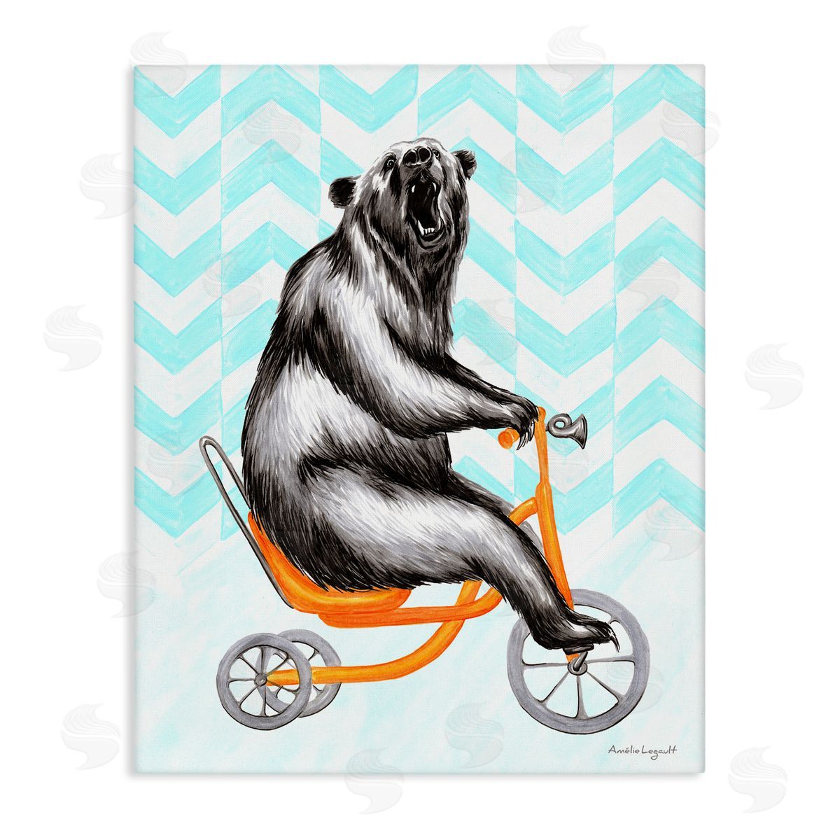 Amelie Legault Roaring Bear Riding Tricycle Whimsical Chevron Pattern  Stretched Canvas Wall Art Print