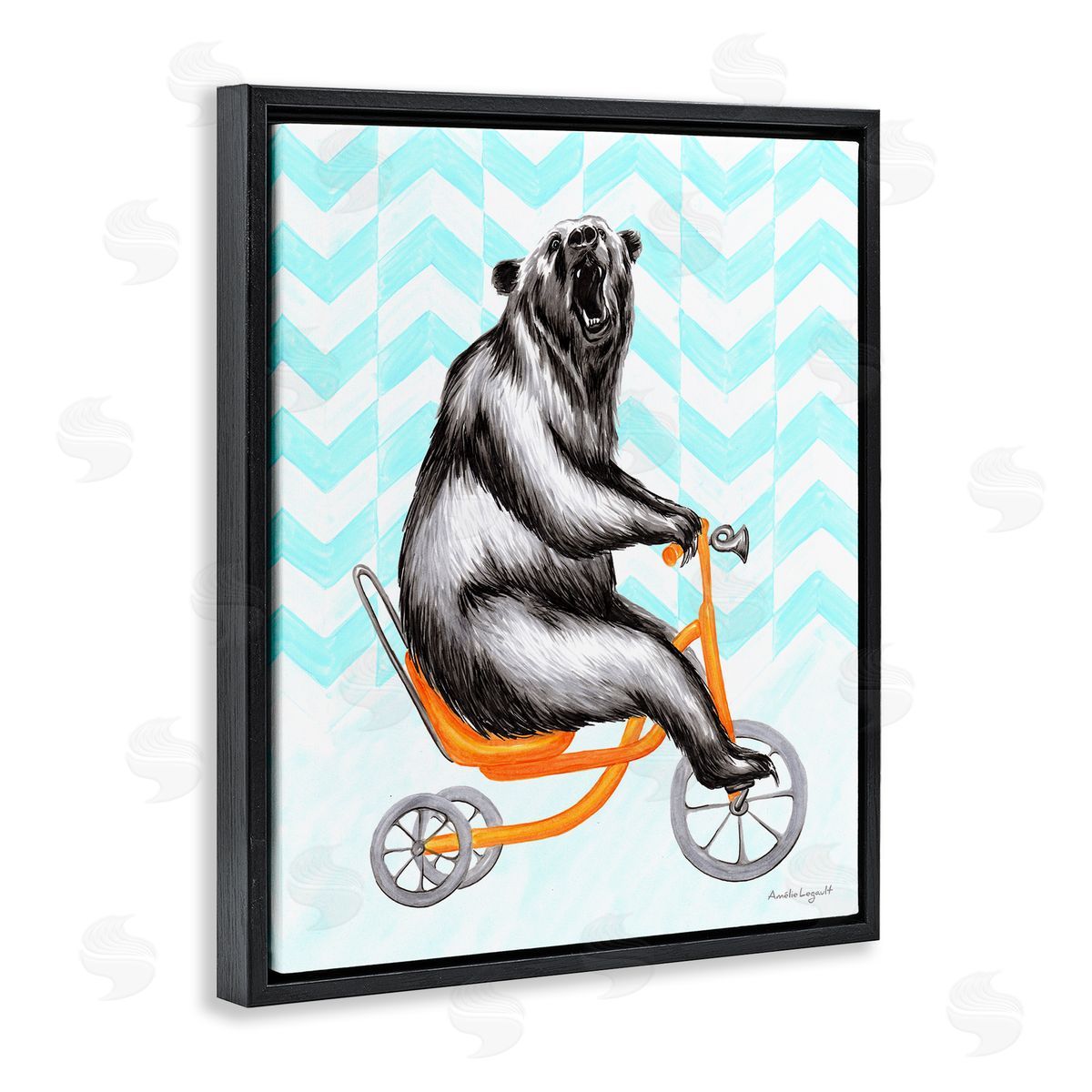 Amelie Legault Roaring Bear Riding Tricycle Whimsical Chevron Pattern  Black Floating Frame Canvas Wall Art Print